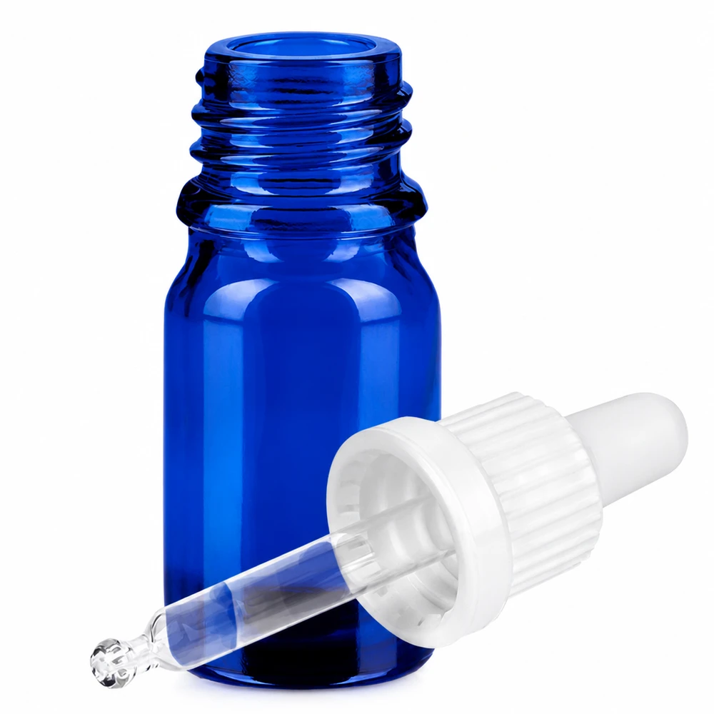 5 ml pipettflaska vit med säkerhetsförslutning BlueLine UT18/5 Blå glasflaska 5ml med pipettfäste för eteriska oljor och kosmetika