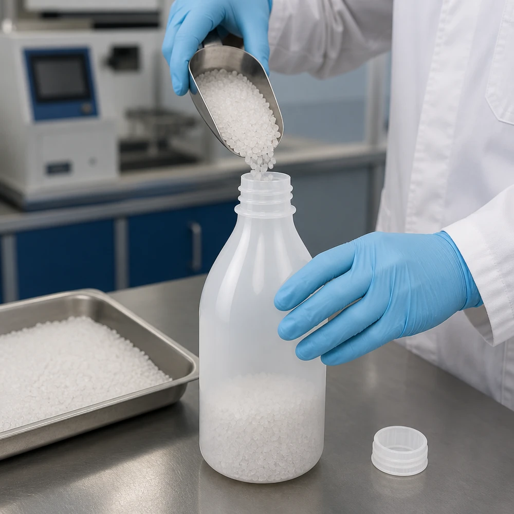 100ml laboratorieflaska med smal hals utan lock 100 ml flaskor med smal hals utan lock, fyllda med vita plastgranulatpellets i laboratoriemiljö