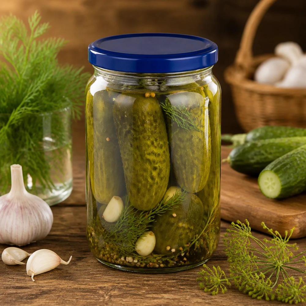 795ml rund burk + BasicSeal-lock blå UNiTWIST 795ml Rundglas mit blauem UNiTWIST Deckel für eingelegte Gurken mit Dill Knoblauch und Gewürzen perfekt zum Einmachen