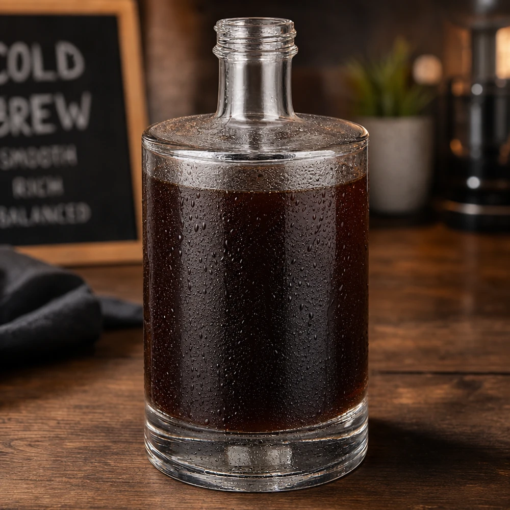 500 ml glasflaska Sam utan skruvkork UNiTWIST® 500 ml glasflaska Sam fylld med kallbryggt kaffe kondensvattendroppar caféstämning träfot
