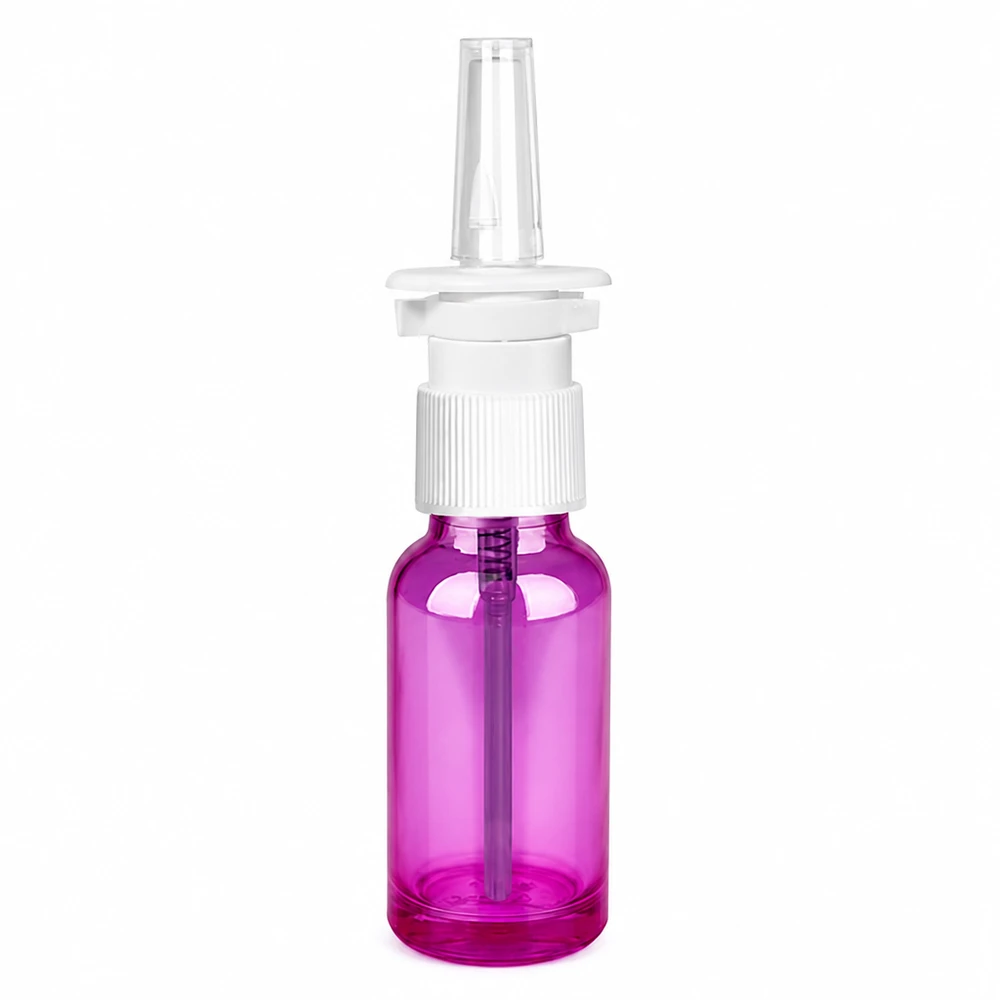 20 ml nässprayflaska med transparent sprayhuvud i lila färg för nasala applikationer