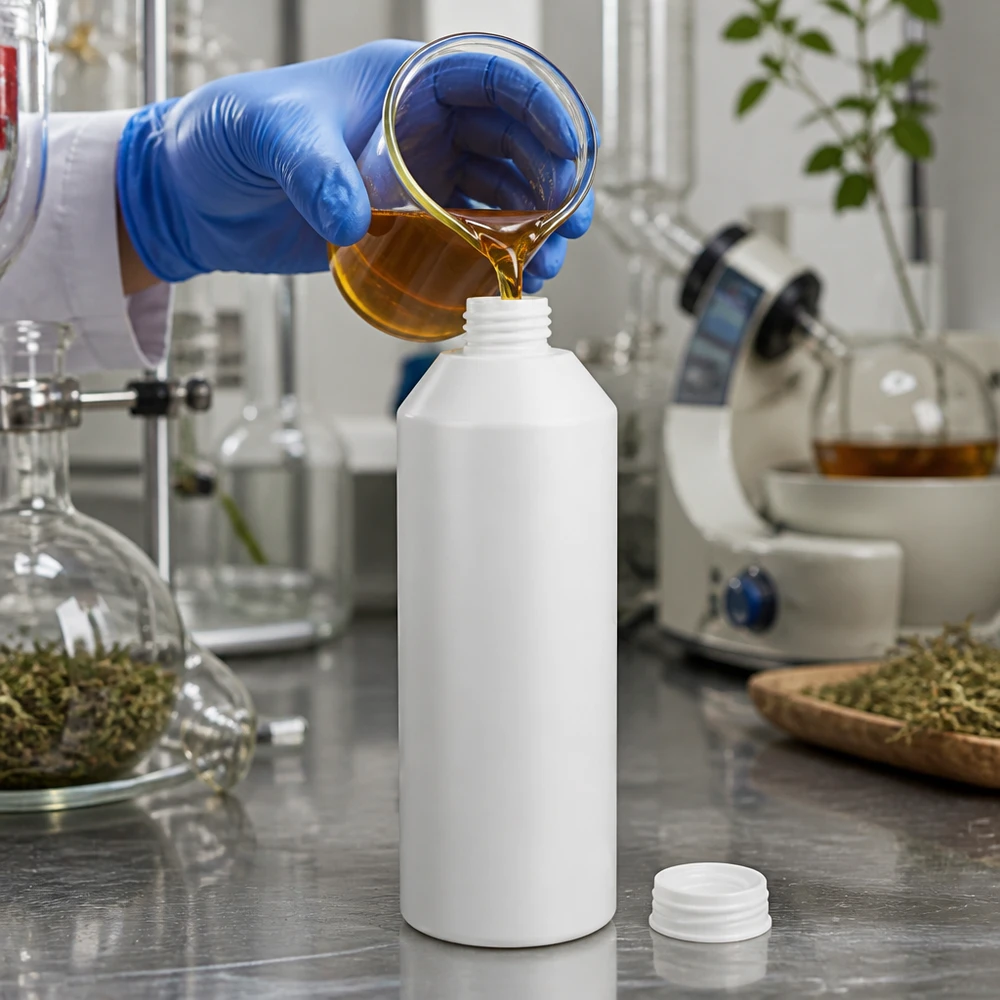 Apoteksflaska HDPE 250ml vit, utan lock En cylindrisk vit apoteksflaska på 250 ml av HDPE fylls med ett guldfärgat extrakt i laboratoriet