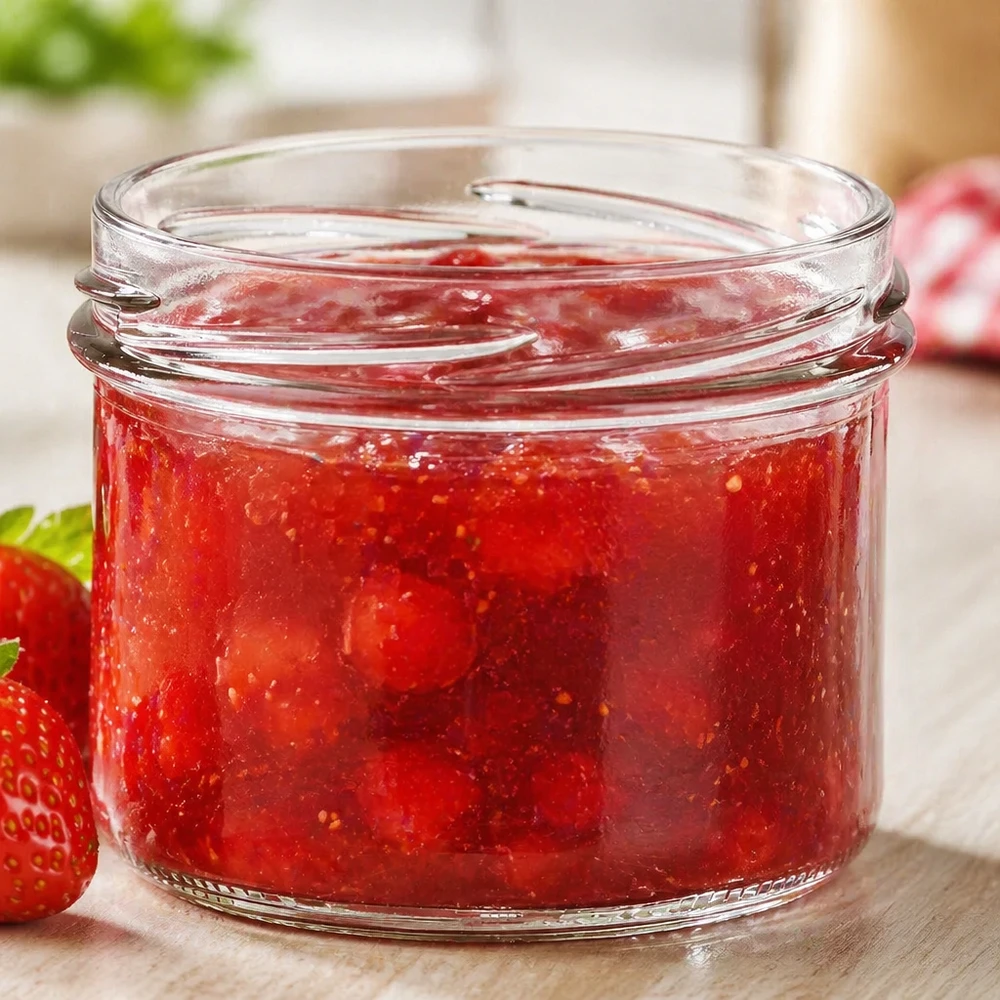 225ml Krossade glasögon utan lock (TO82) UNiTWIST UNiTWIST Sturz225 muggar 225ml TO82 fyllda med sylt av röda jordgubbar på ett träbord med färska jordgubbar