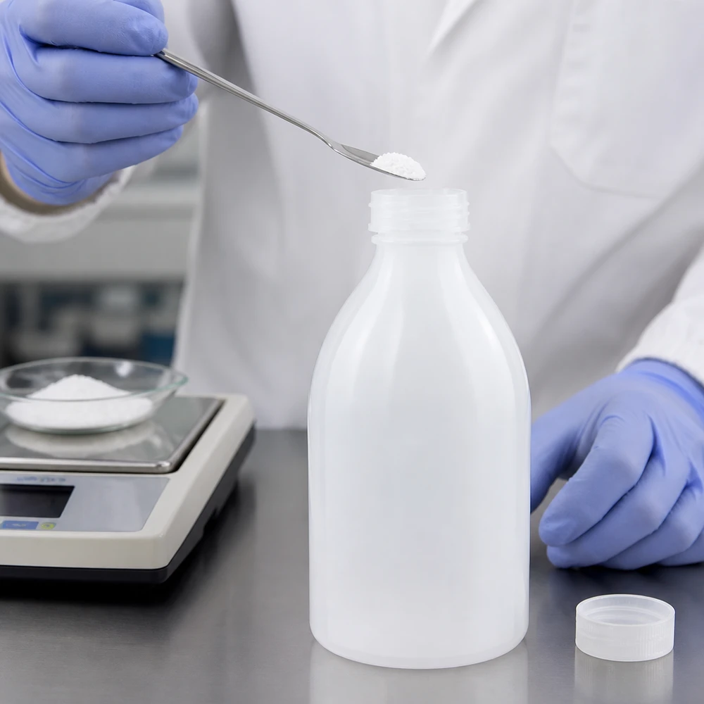 500ml skruvflaska, laboratorieflaska med smal hals 500ml Laborflasche Enghals neben Analysenwaage mit weißem Pulver auf Petrischale