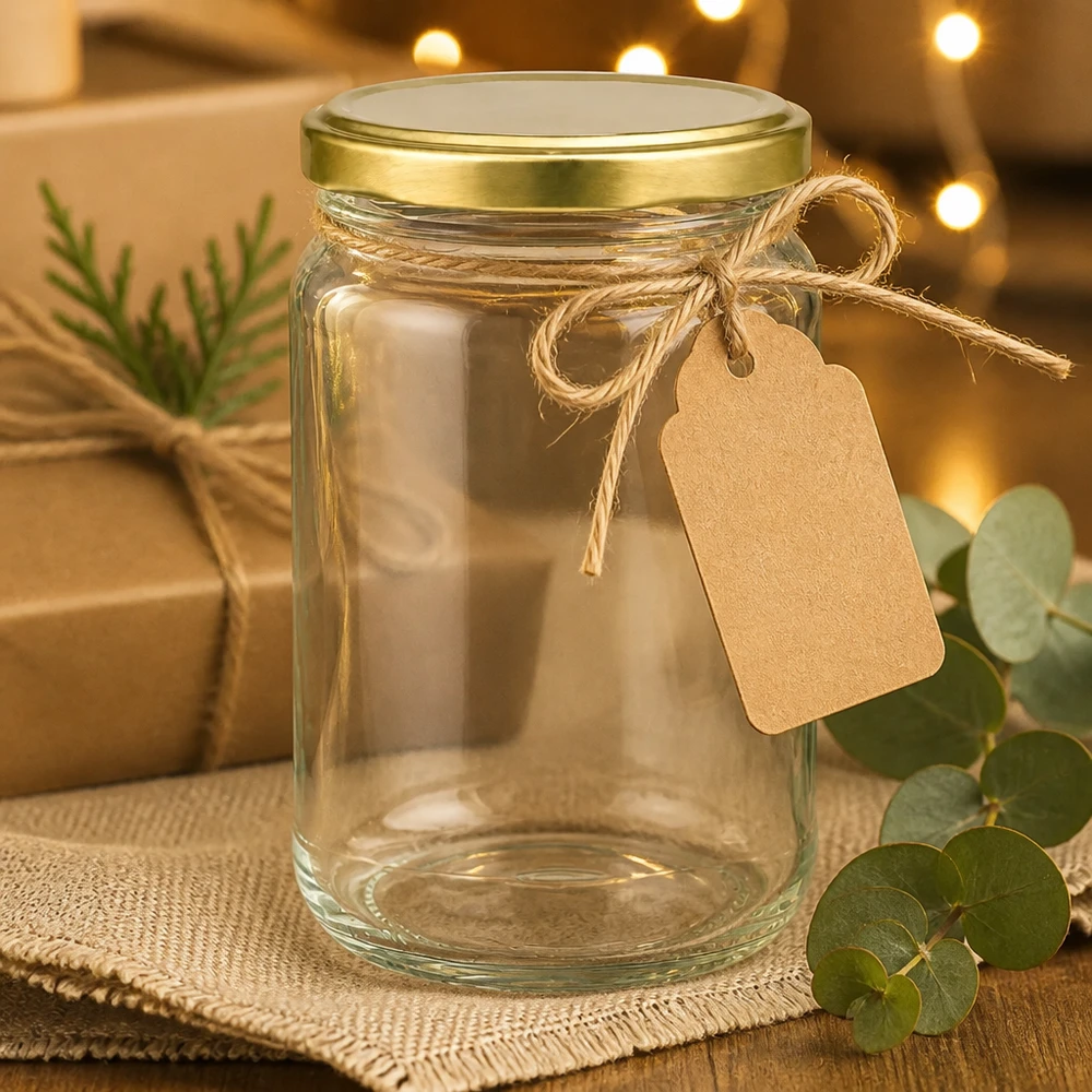 Rund burk 305 ml med guld lock BasicSeal UNiTWIST 305ml Rundglas UNiTWIST gold mit Geschenkanhänger - leeres Einweckglas dekorativ präsentiert für Geschenkideen