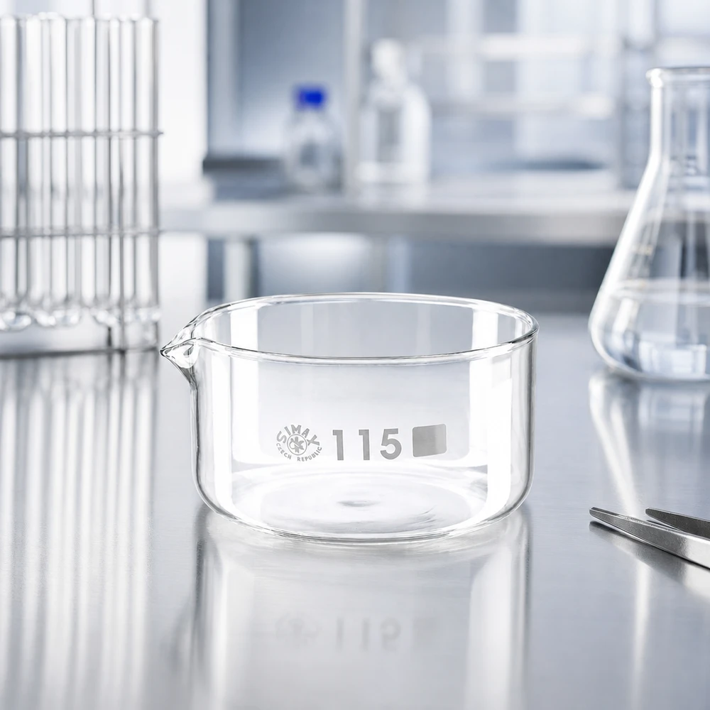 500ml kristalliseringsskål med pip borosilikat ø115mm SIMAX kristalliseringsskål 500 ml, borosilikatglas på bord av rostfritt stål i ett professionellt laboratorium, ø115 mm