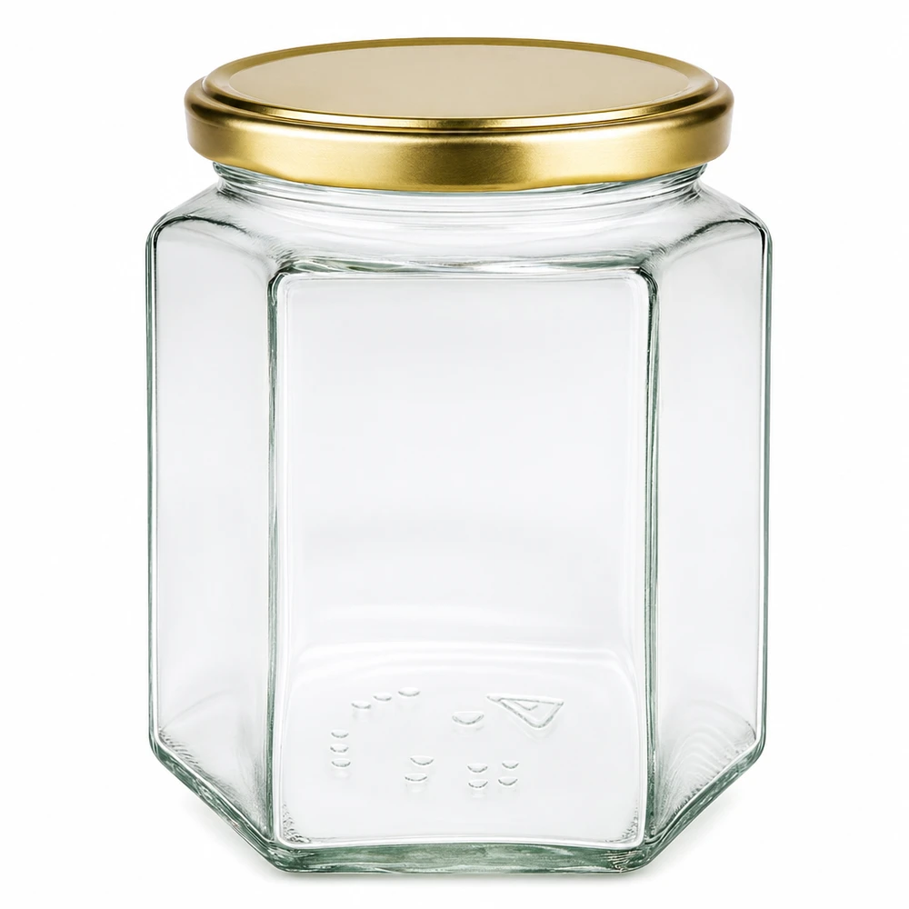 500 g honungsburk med gyllene lock BasicSeal UNiTWIST 500 g honungsburk med gyllene lock BasicSeal UT transparent tom sexkantig för honungsodling