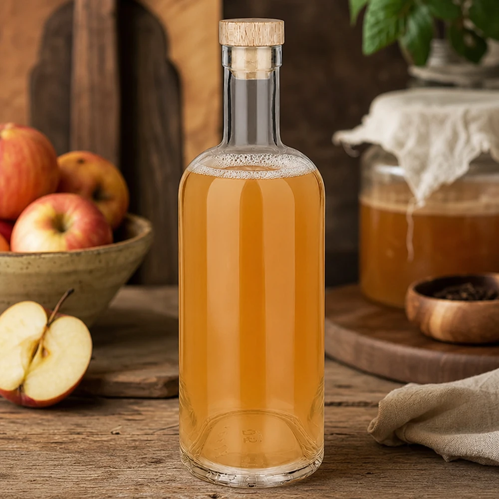 750 ml glasflaska Emma med kork med trähandtag UNiTWIST® 750ml Glasflasche Emma mit Holzkorken gefüllt mit Apfelsaft inmitten herbstlicher Apfel-Deko auf rustikalem Holztisch