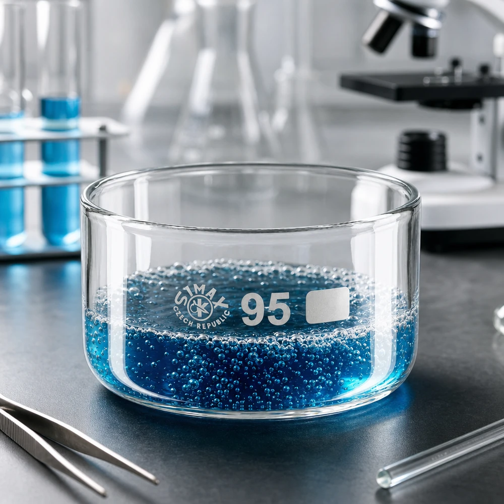 300ml kristalliseringsskål utan pip borosilikat ø95mm Simax kristalliseringsskål 300 ml, blå lösning med pärlor, laboratorieuppställning, mikroskop, pincett