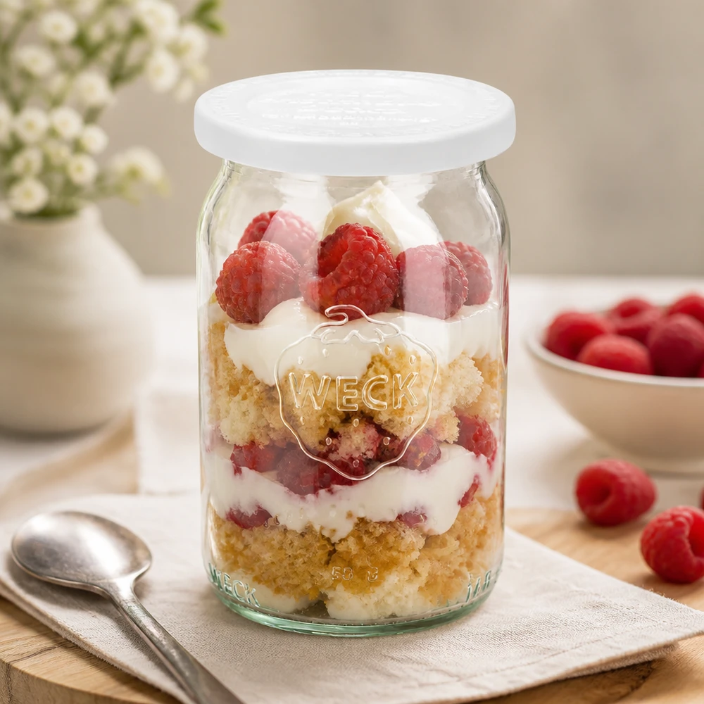 145 ml cylinderburk med lock för färskhet. WECK RR40 WECK RR40 cylindrisk burk 145ml med dessertlager av hallon och grädde som frukostburk på ljus botten
