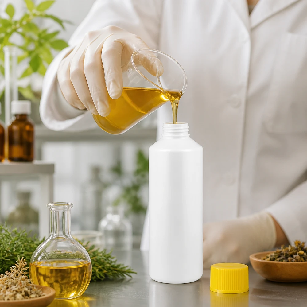 Laboratorieteknikern häller guldfärgad vegetabilisk olja i en vit HDPE-flaska på 100 ml med gult lock