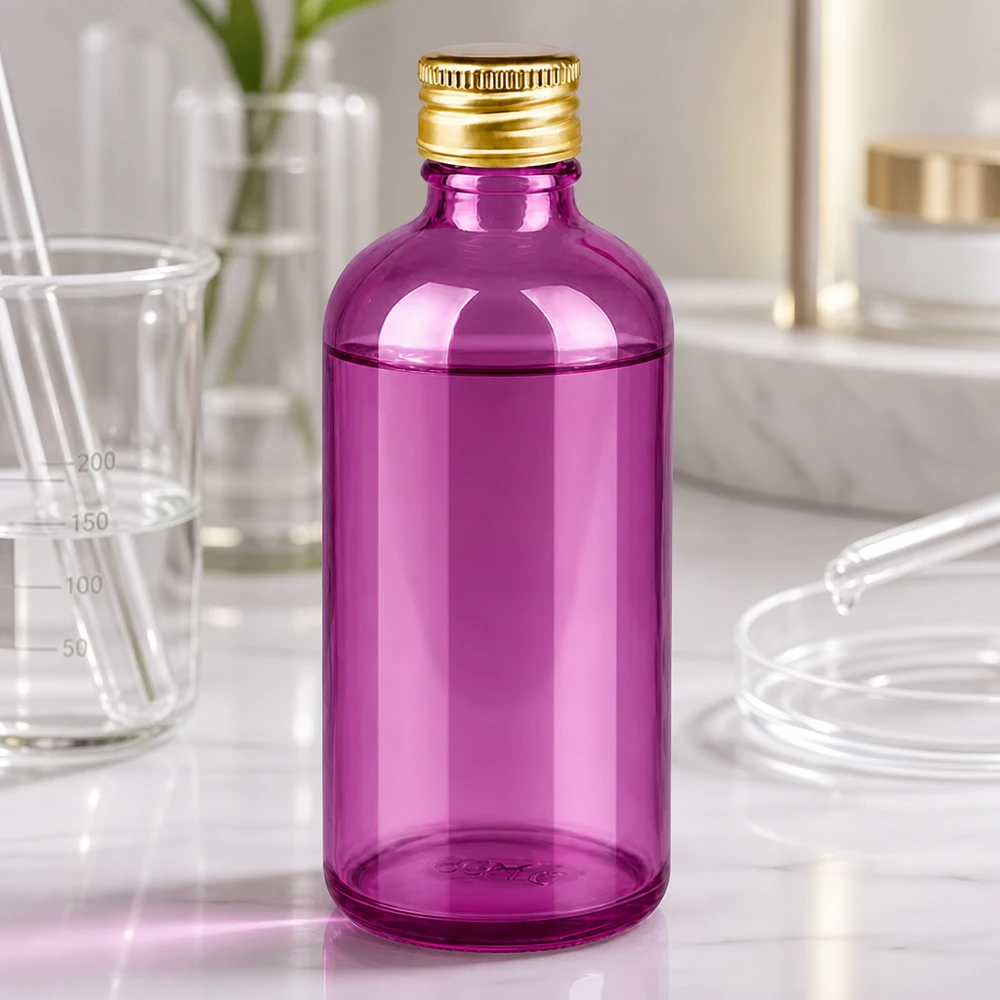 100ml flaska 11mm skruvkork aluminium guld standard PurpleLine. UT18/100 Ljusskyddsflaska i violett glas 100 ml med aluminiumlock för UV-känsliga aktiva ingredienser