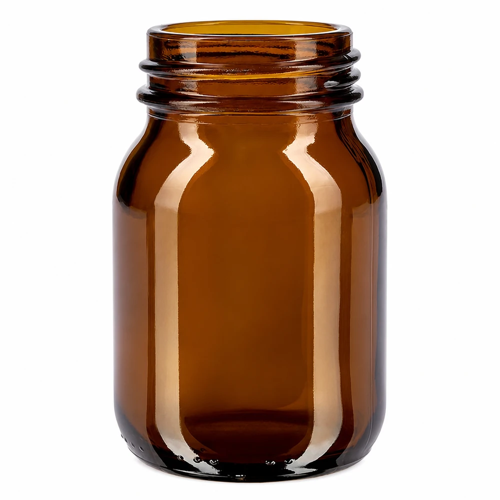 75 ml flaska med vid hals i bärnstensfärgat glas med DIN 40-hals 75 ml flaska med vid hals av bärnstensfärgat glas med DIN 40-gänga för farmaceutiska tillämpningar