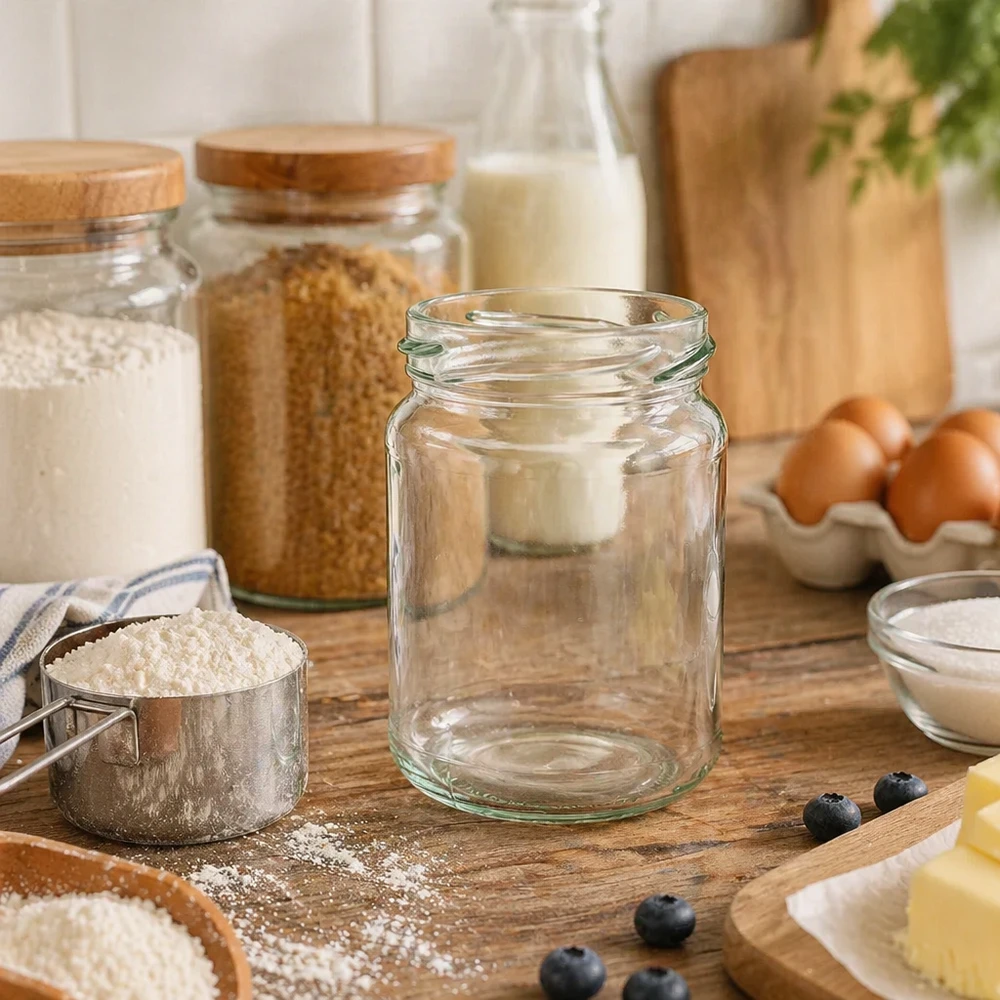 UNiTWIST Runda205 rund burk 205ml TO58 konserveringsburk tom på träskiva med köksredskap och ingredienser