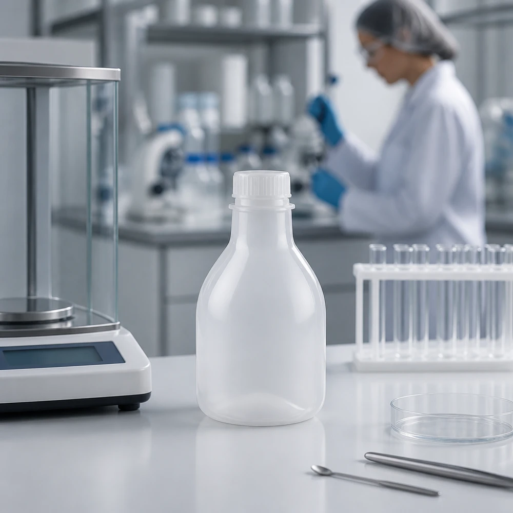 20ml laboratorieflaska med smal hals utan lock Vit 20 ml laboratorieflaska med smal hals utan lock bredvid analysvågen och provrören i laboratoriet