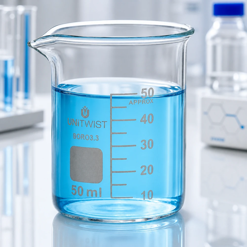 Bägare 50ml borosilikat, lågformad UNiTWIST UNiTWIST bägare, 50 ml, låg form, med turkosfärgad vätska vid en fyllnadsnivå på 45 ml i laboratoriet