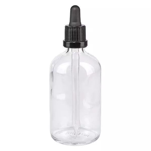 Apoteksflaska klar 100ml pipett svart barnsäker förslutning Apoteksflaska klar 100ml pipett svart barnsäker förslutning
