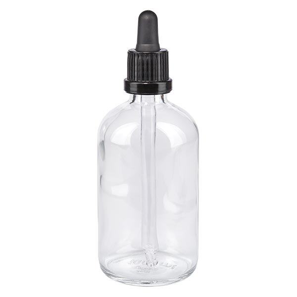 Apoteksflaska klar 100ml pipett svart barnsäker förslutning Apoteksflaska klar 100ml pipett svart barnsäker förslutning