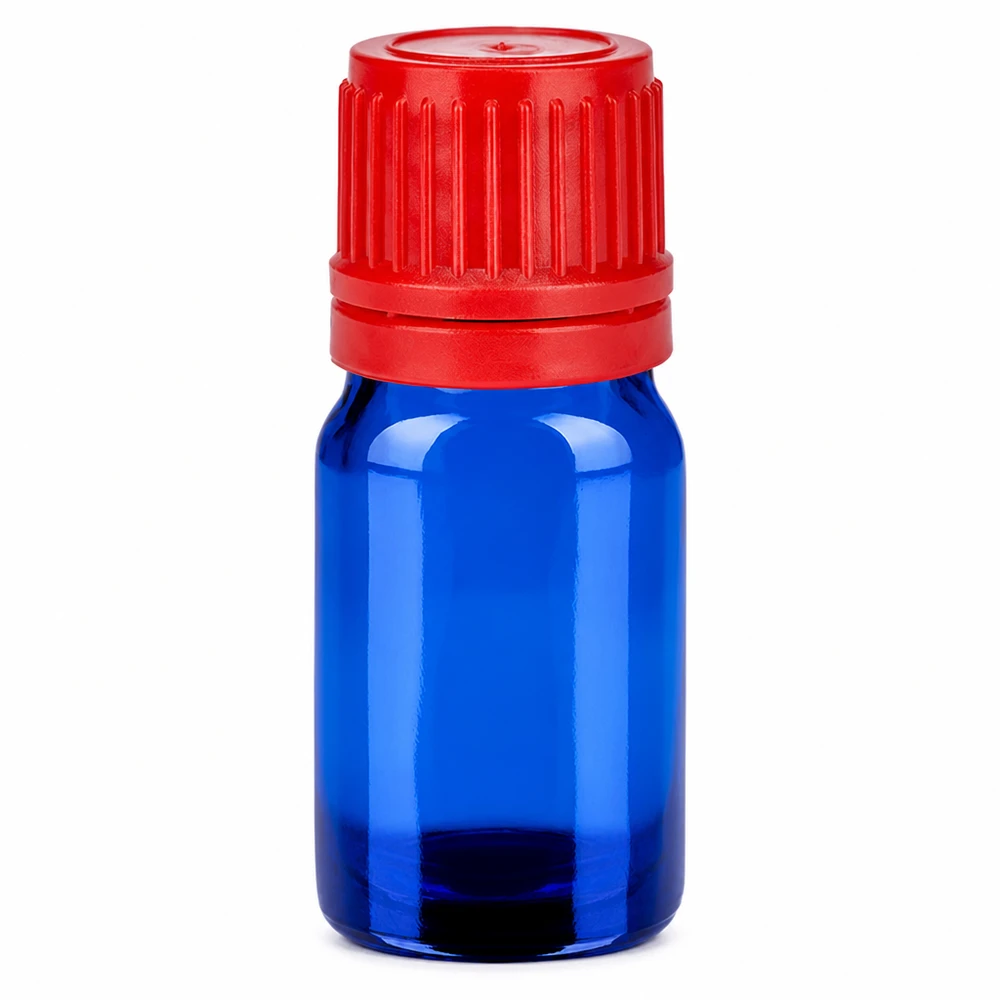 5ml blå glasflaska med röd skruvkork 11mm SV BlueLine UT18/5