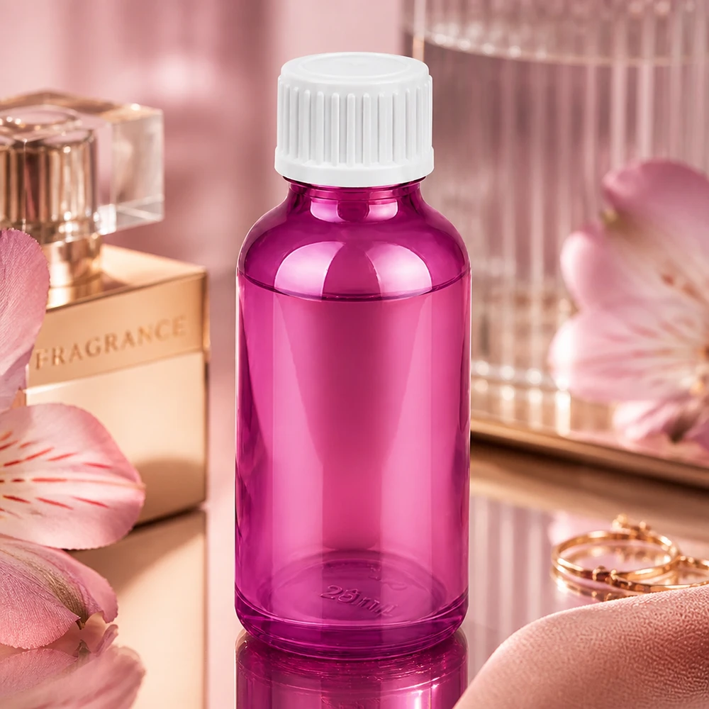 Liten 30 ml droppflaska i violett för aromaterapi och DIY-kosmetika med vitt lock