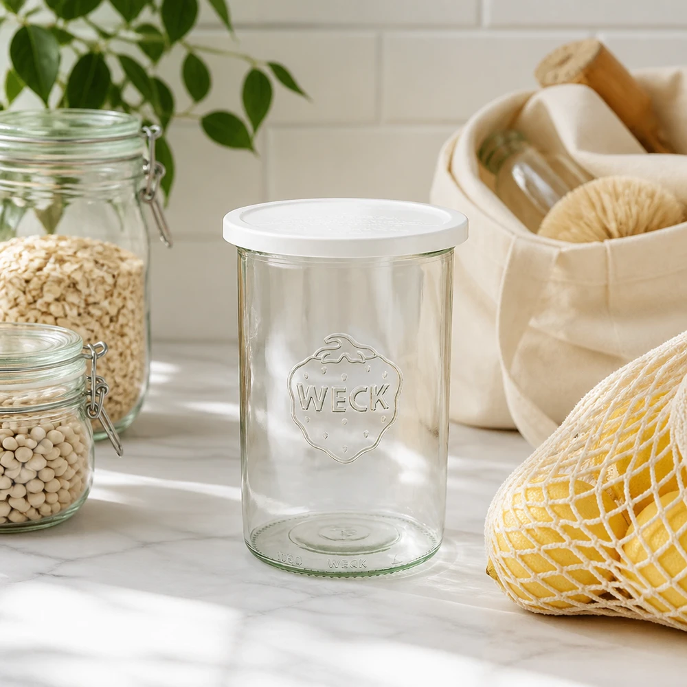 WECK 1000 ml RR100-glas i en naturlig köksmiljö med hållbara förvaringsredskap och växter