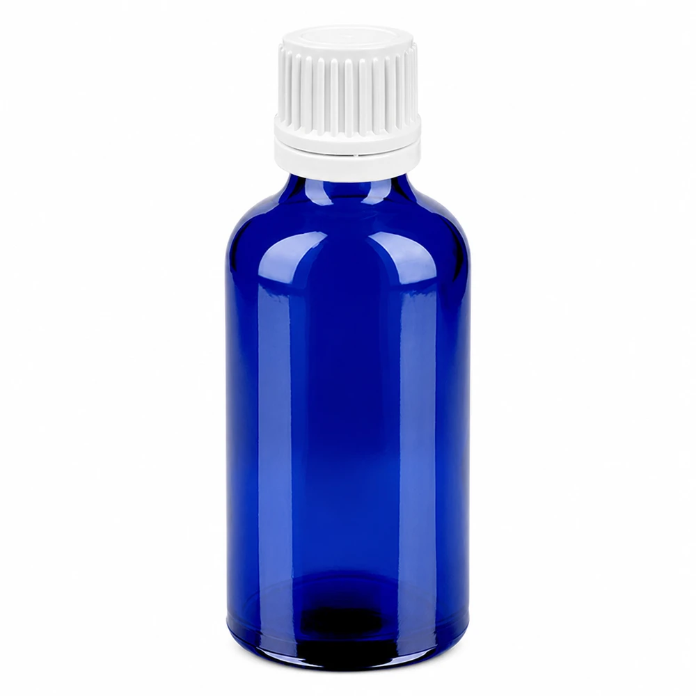 50 ml Droppflaska 0,7 mm vit med säkerhetsförslutning BlueLine UT18/50 50 ml blå glasflaska med vit 0,7 mm dropplock för exakt dosering BlueLine UT18/50
