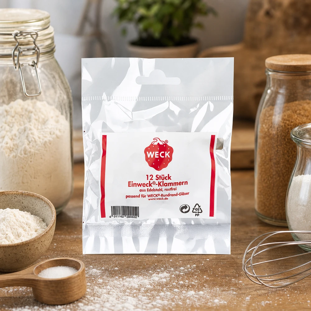 Original WECK-klämmor (förpackning(ar) med 12) WECK klämmer fast förpackningar i naturkök med förvaringsburkar mjöl kryddor och köksredskap livsstil