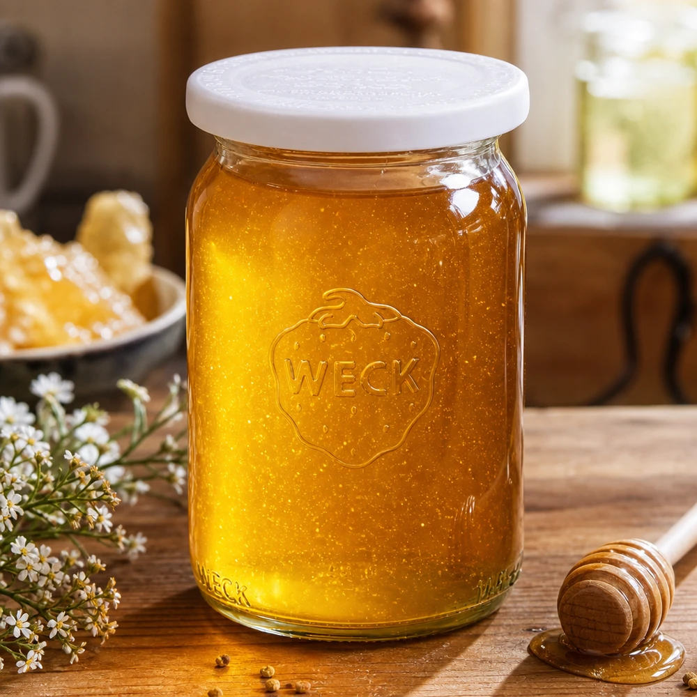 WECK cylinderburk 145ml RR40 fylld med honung på en träplatta dekorerad med en honungssked och kamomillblommor