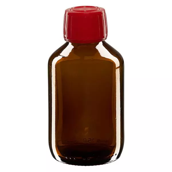 150 ml medicinflaska brun, rött lock med säkerhetsring ApoGlas 150 ml medicinflaska brun, rött lock med säkerhetsring ApoGlas