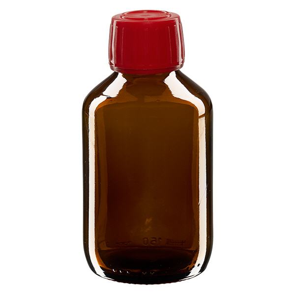 150 ml medicinflaska brun, rött lock med säkerhetsring ApoGlas 150 ml medicinflaska brun, rött lock med säkerhetsring ApoGlas
