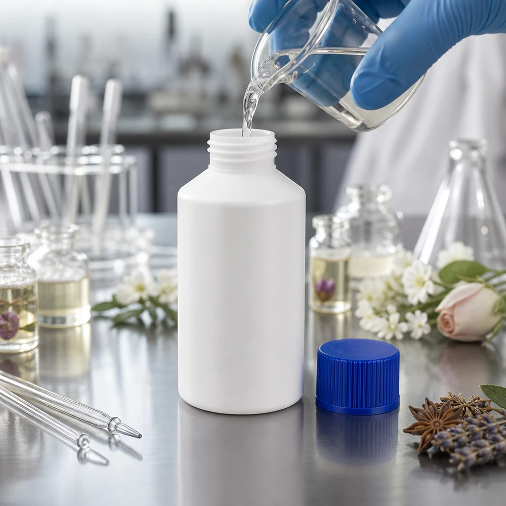 Apoteksflaska HDPE 50ml vit, med blått skruvlock HDPE-apotekflaska, 50 ml, vit med blå skruvkork och glasbägare vid påfyllning