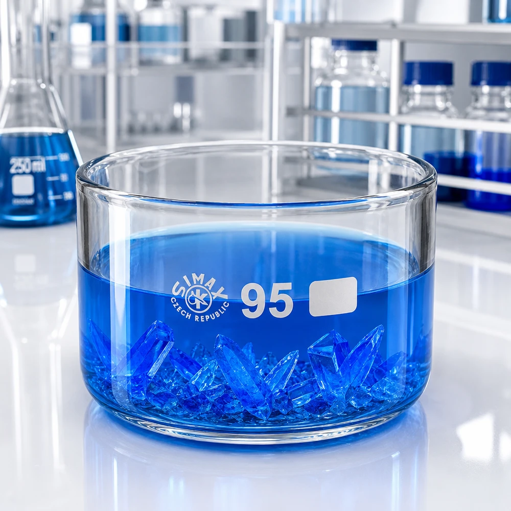 300ml kristalliseringsskål utan pip borosilikat ø95mm Blå kristaller i en 300 ml kristallisationsskål Simax 95 mm – laboratorieexperiment: kristallisation
