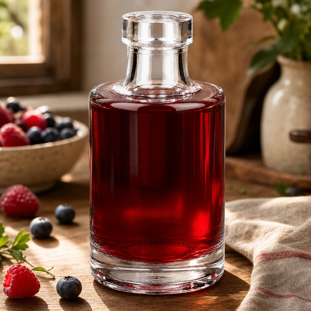 100 ml glasflaska Marie utan lock UNiTWIST® 100 ml glasflaska Marie fylld med rödbärssirap bredvid färska hallon och blåbär på ett träbord