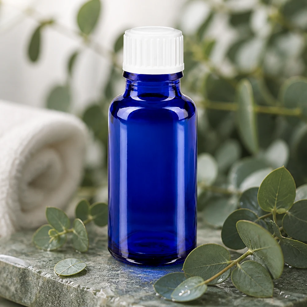 Apoteksflaska blå 20ml skruvkork vit standard Liten blå brun glasflaska på 20 ml med vit droppkork, omgiven av eukalyptusgrenar