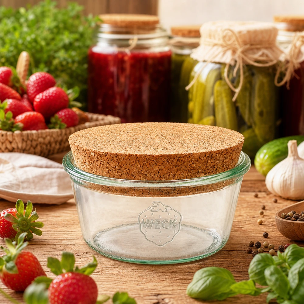 290ml Krossad glasögonburk WECK RR100 med naturkork WECK konserveringsburk 290 ml med korklock i ett rustikt kök omgivet av färska jordgubbar och grönsaker