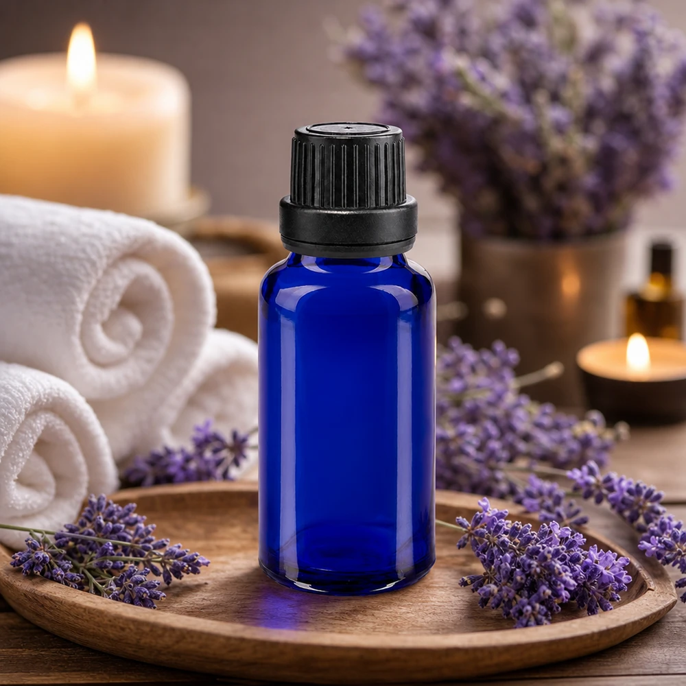 Blå glasflaska på 20 ml med skruvlock och doft av lavendel – Spa-atmosfär