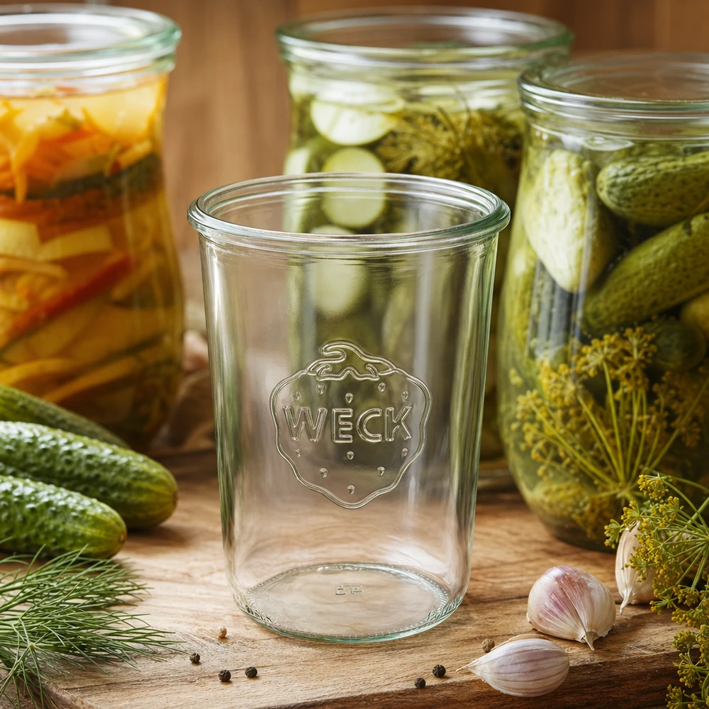 850ml Krossade glasögon WECK RR100 Tom 850 ml WECK RR100 murarburk framför inlagda gurkor och grönsaker i fyllda murarburkar på en träbas