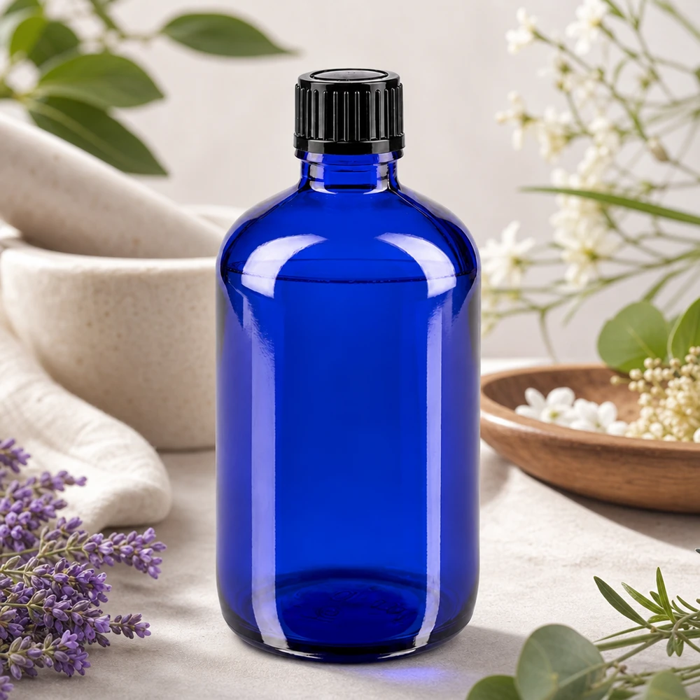 Apoteksflaska blå 100ml skruvkork svart standard Blå glasflaska på 100 ml med skruvlock, med lavendel och vita blommor