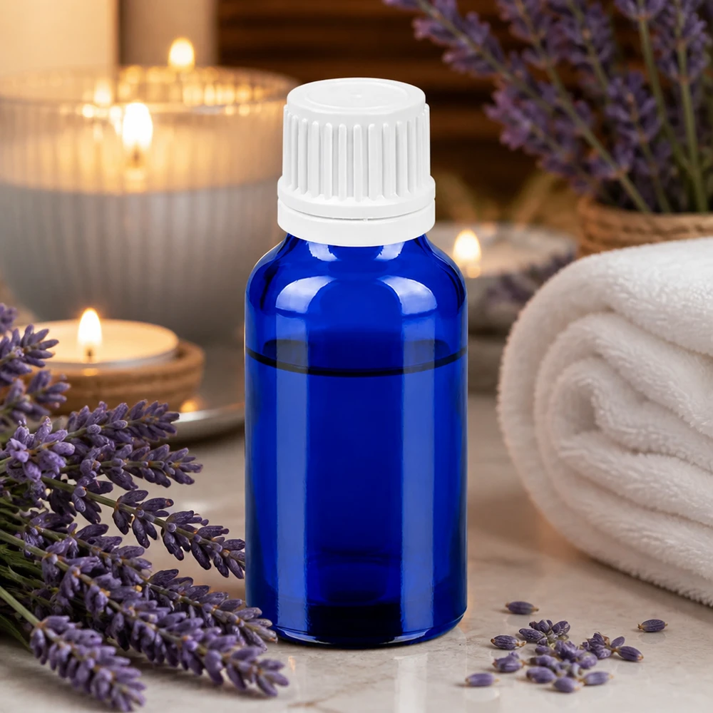 Högkvalitativ koboltblå glasflaska 20 ml med barnsäkert lock för aromaterapi
