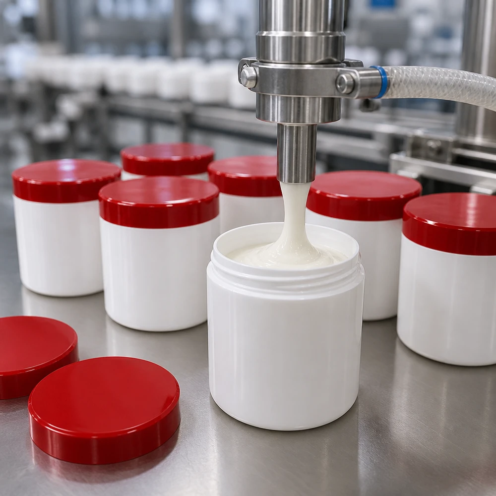 Salvburk 150g vit med rött skruvlock (polypropylen) Fyllningsanläggningen fyller vita 150 g-salvburkar med röda PP-skruvlock i industriell serieproduktion