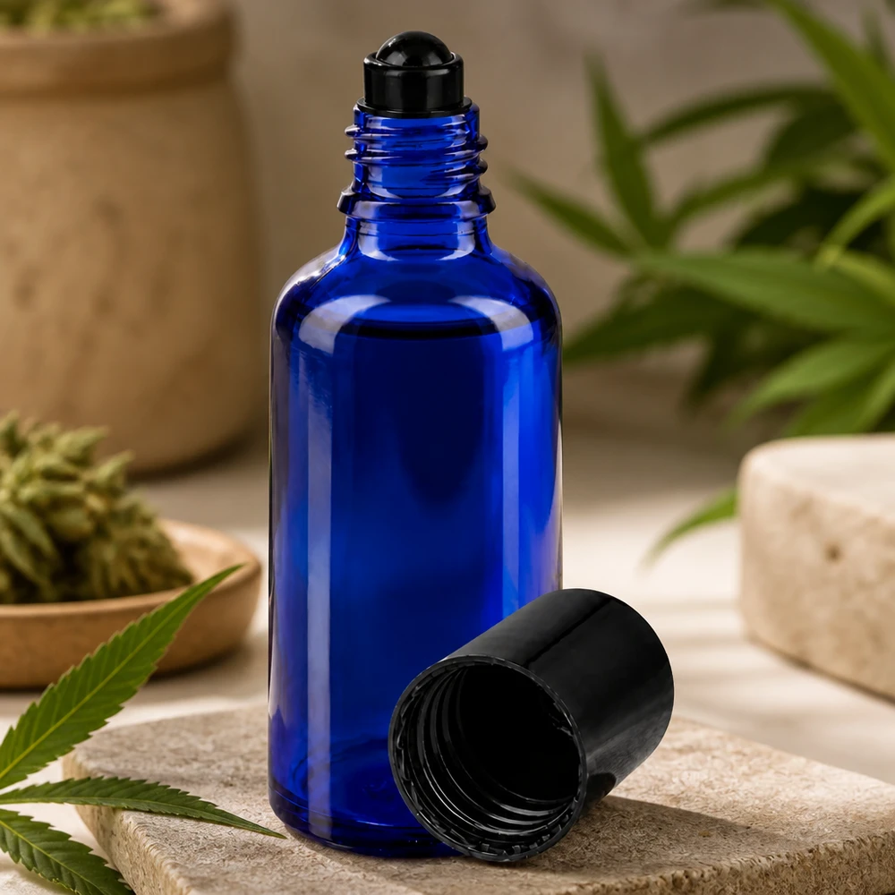 Apoteksflaska blå 50ml roll-on lock svart Koboltblå roll-on-flaska på 50 ml med svart rullkula för eteriska oljor och CBD-produkter