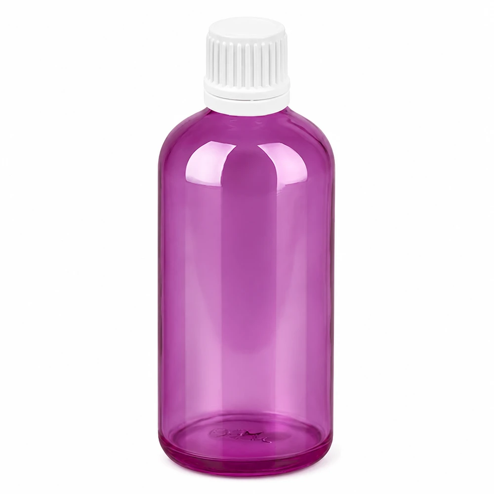 100ml droppflaska 0,7mm vit Originality skruvkork PurpleLine UT18/100 100 ml droppflaska med vitt lock och lila plastkropp för exakt dosering