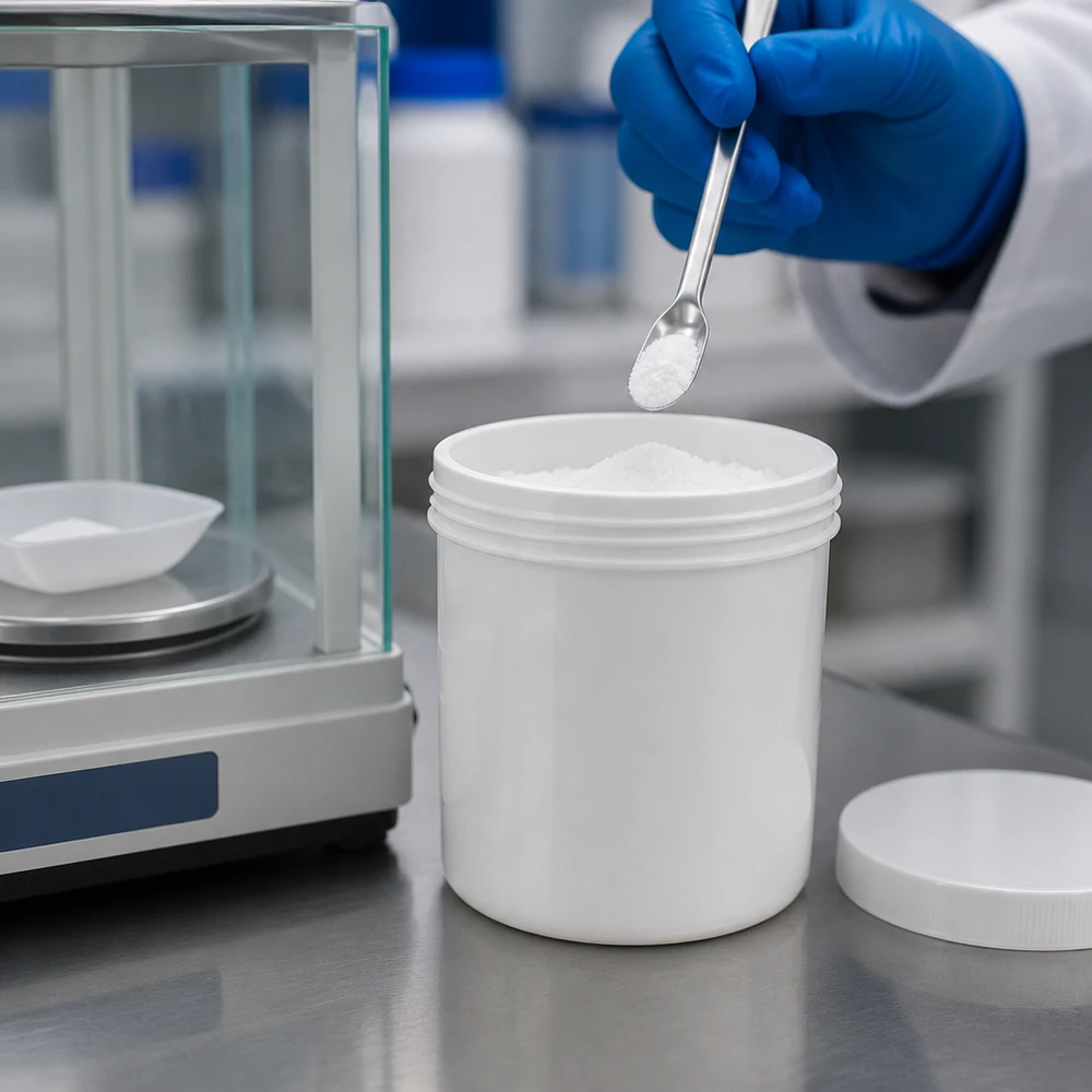Salvburk 10g vit med vitt skruvlock (polypropylen) Laboratorieteknikern doserar vitt pulver i en vit 10 g-salvburk på analysvågen