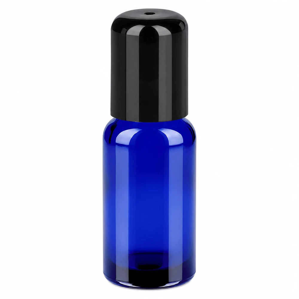 Blå roll-on-flaska 20 ml med svart lock för eteriska oljor och kosmetika