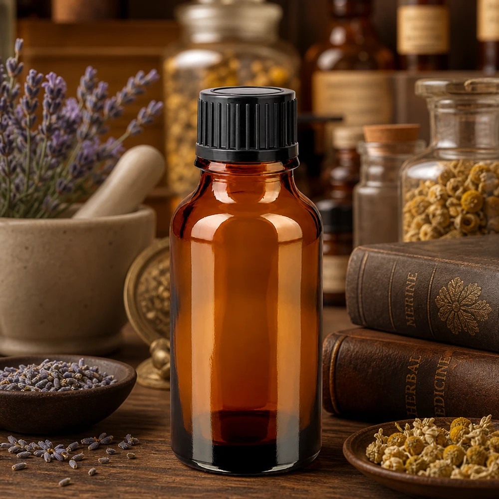 Kompakt 20 ml flaska av bärnstensfärgat glas med svart skruvlock för aromaterapitillämpningar