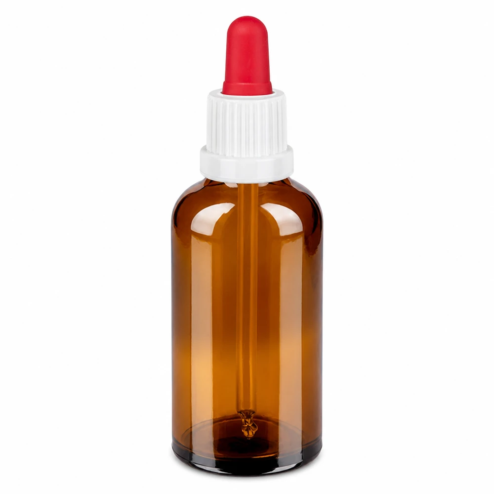 50 ml pipettflaska i bärnstensfärgat glas med vitt lock och röd pipett för exakt dosering