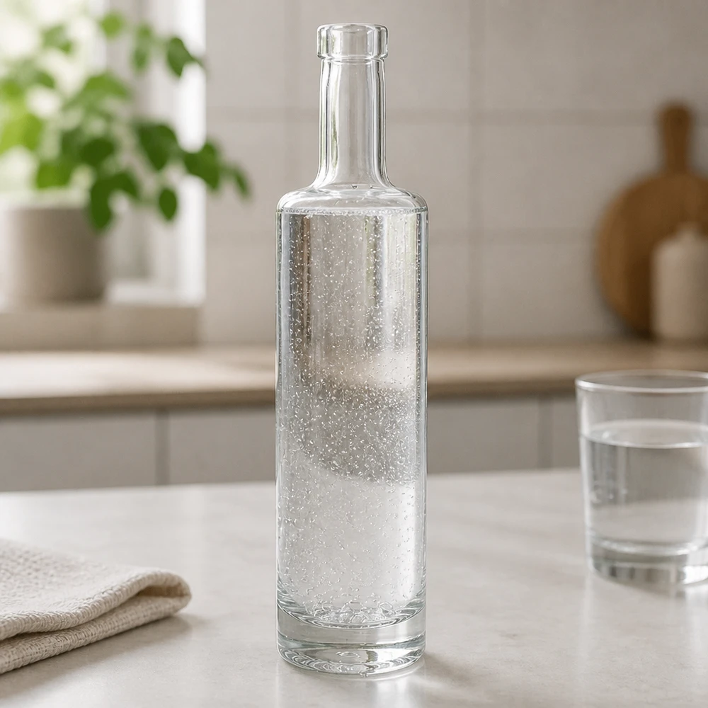 500 ml glasflaska Lina utan lock UNiTWIST® 500ml Glasflasche Lina mit sprudelndem Wasser gefüllt in modernem Küchenambiente mit Wasserglas und Textil-Deko