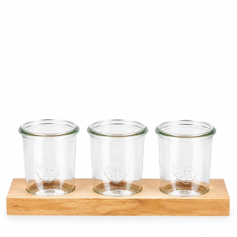 Serveringsbricka Plano3 med 3 Weck-burkar à 160 ml Plano3 serveringsbräda i trä med tre Weck 160 ml-behållare för dipp, kryddor och snacks