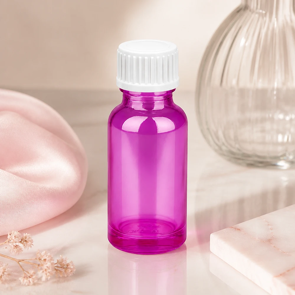 20ml (globule) flaska 3mm hällring vit standard PurpleLine.UT18/20 Elegant 20 ml glasflaska i lila med vit gängad kapsyl för professionellt bruk