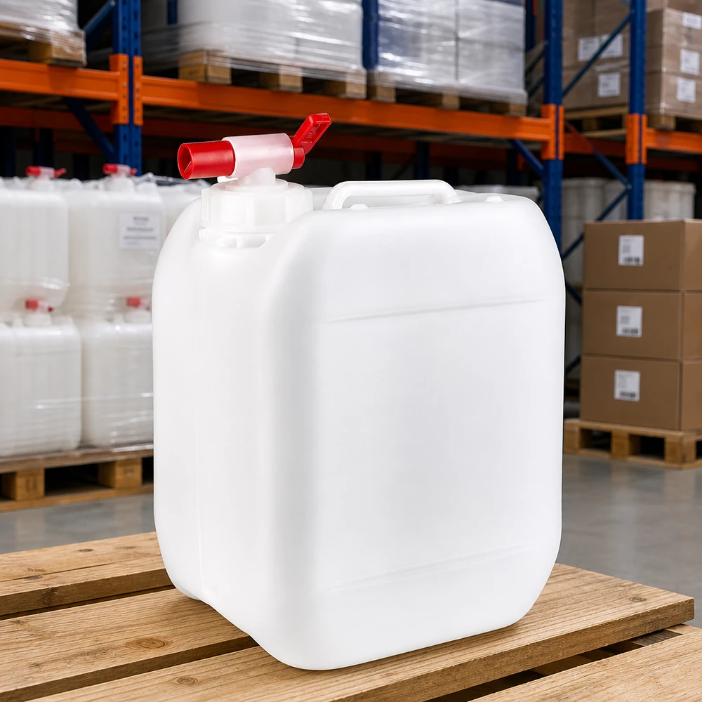 Dunk 5 liter med avtappningskran Stapelbar vit plastdunk på 5 liter med röd tappkran på träpall i lagret
